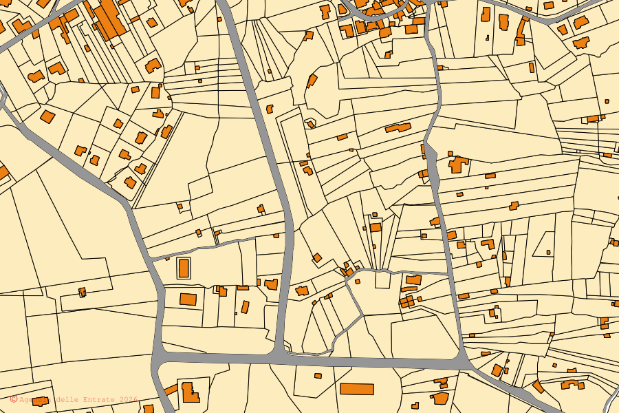 Mappa catastale del centro di Aci Bonaccorsi: particelle e fabbricati, cartografia Agenzia delle Entrate