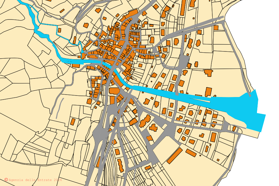 Mappa catastale del centro di Anfo: particelle e fabbricati, cartografia Agenzia delle Entrate
