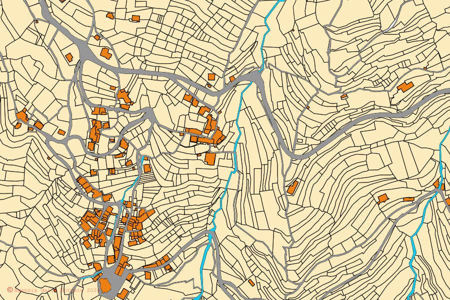 Mappa catastale del centro di Aquila d'Arroscia: particelle e fabbricati, cartografia Agenzia delle Entrate