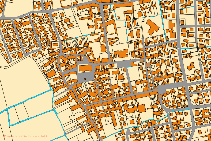 Mappa catastale del centro di Bagnolo Cremasco: particelle e fabbricati, cartografia Agenzia delle Entrate