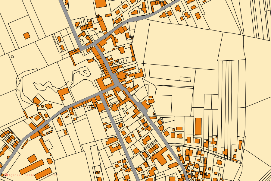 Mappa catastale del centro di Barbianello: particelle e fabbricati, cartografia Agenzia delle Entrate