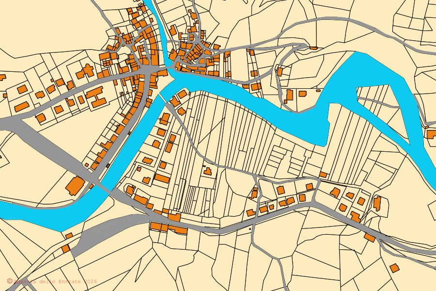 Mappa catastale del centro di Cagli: particelle e fabbricati, cartografia Agenzia delle Entrate