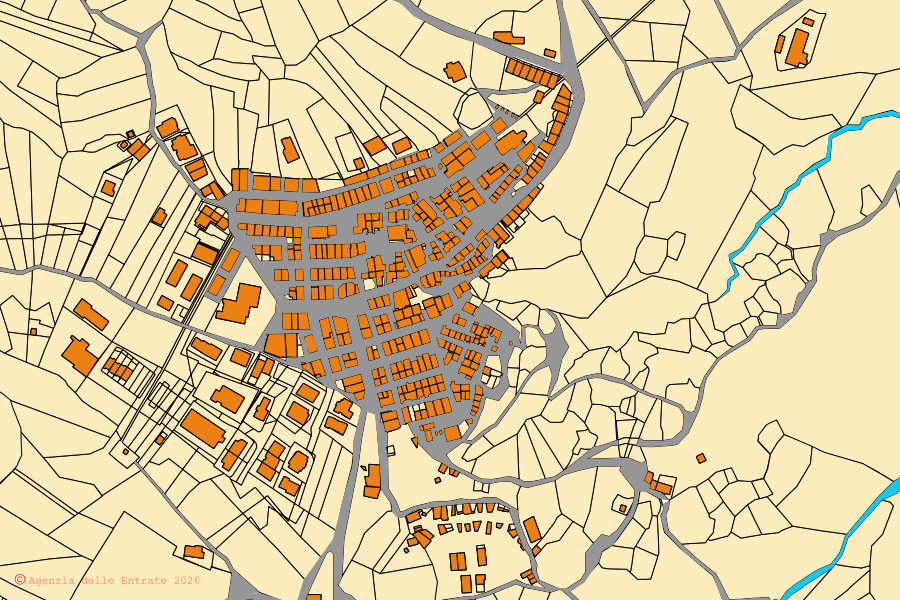 Mappa catastale del centro di Calciano: particelle e fabbricati, cartografia Agenzia delle Entrate