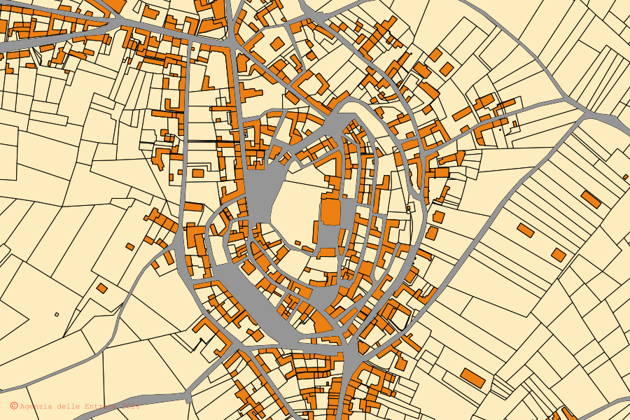 Mappa catastale del centro di Calliano Monferrato: particelle e fabbricati, cartografia Agenzia delle Entrate