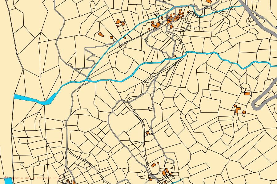 Mappa catastale del centro di Camugnano: particelle e fabbricati, cartografia Agenzia delle Entrate