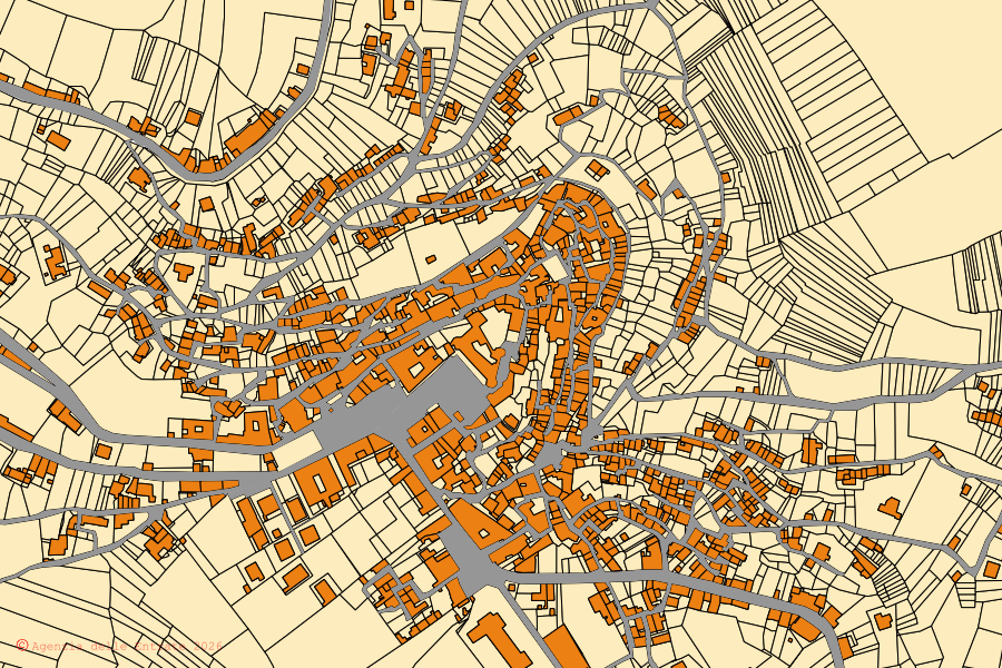 Mappa catastale del centro di Capestrano: particelle e fabbricati, cartografia Agenzia delle Entrate