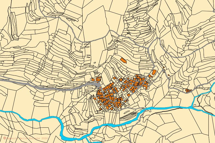 Mappa catastale del centro di Carrega Ligure: particelle e fabbricati, cartografia Agenzia delle Entrate