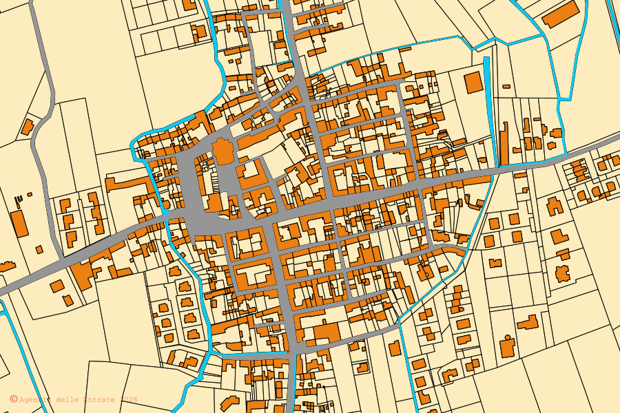 Mappa catastale del centro di Casalvolone: particelle e fabbricati, cartografia Agenzia delle Entrate