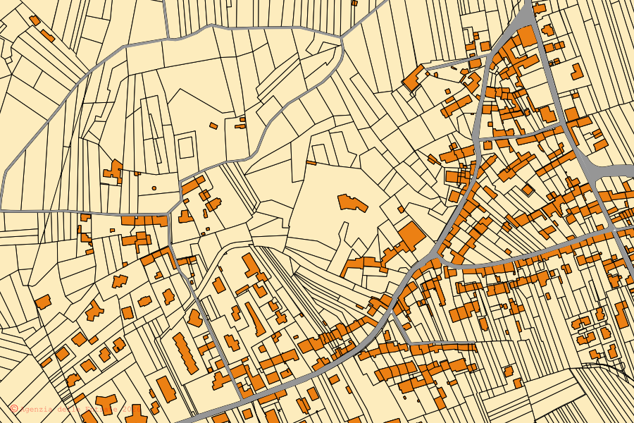 Mappa catastale del centro di Cascinette d'Ivrea: particelle e fabbricati, cartografia Agenzia delle Entrate
