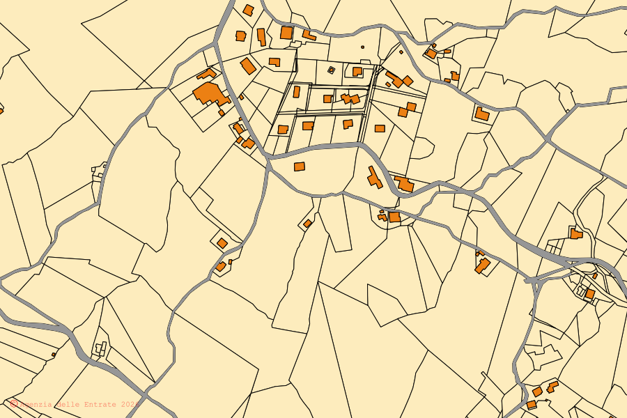 Mappa catastale del centro di Castel d'Aiano: particelle e fabbricati, cartografia Agenzia delle Entrate