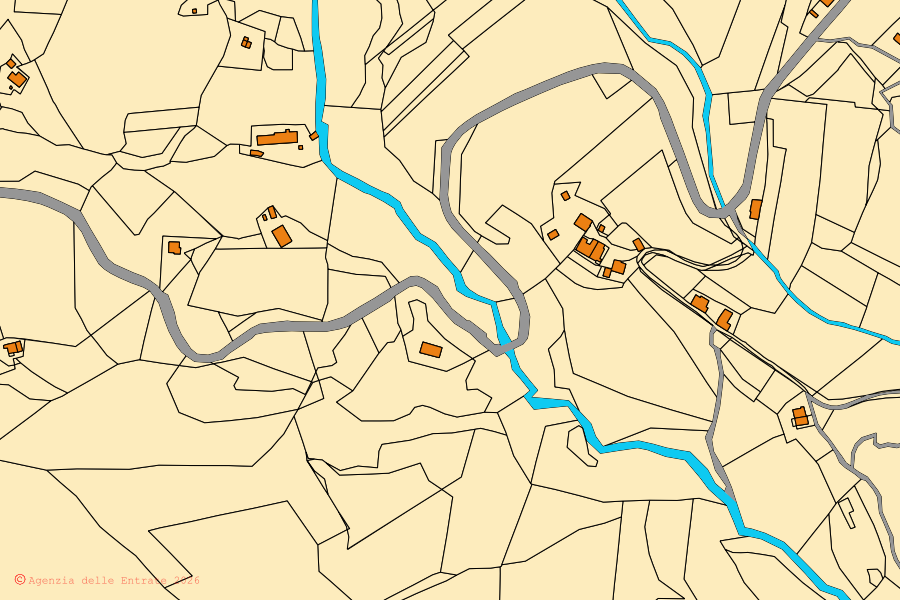 Mappa catastale del centro di Castel del Rio: particelle e fabbricati, cartografia Agenzia delle Entrate