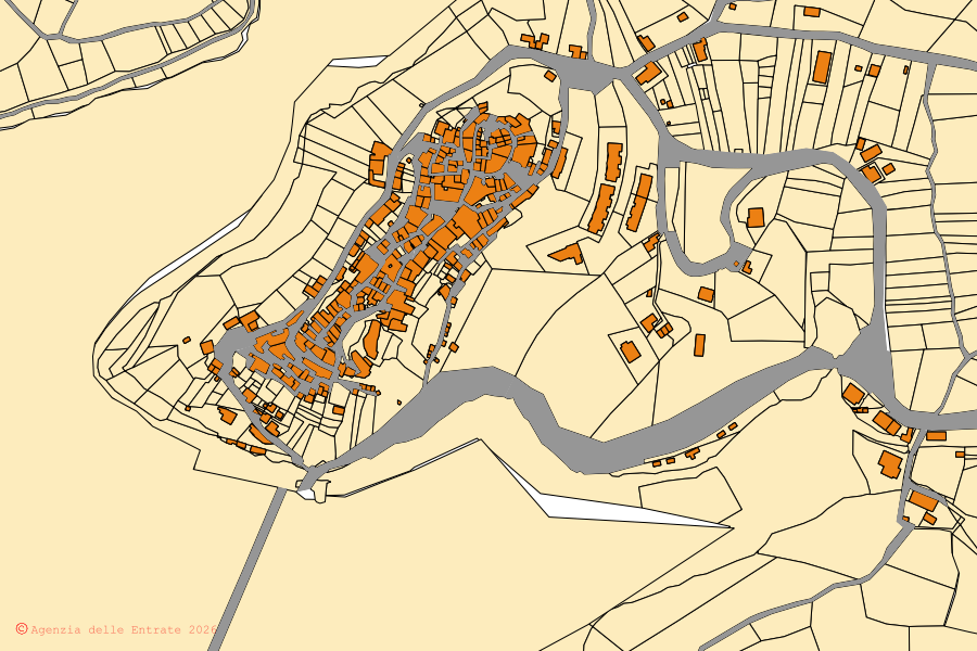 Mappa catastale del centro di Castel di Tora: particelle e fabbricati, cartografia Agenzia delle Entrate