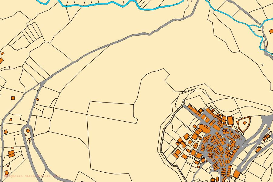 Mappa catastale del centro di Castel San Pietro Romano: particelle e fabbricati, cartografia Agenzia delle Entrate