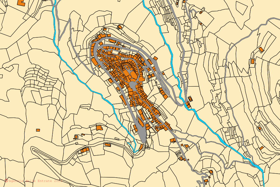 Mappa catastale del centro di Castel Vittorio: particelle e fabbricati, cartografia Agenzia delle Entrate