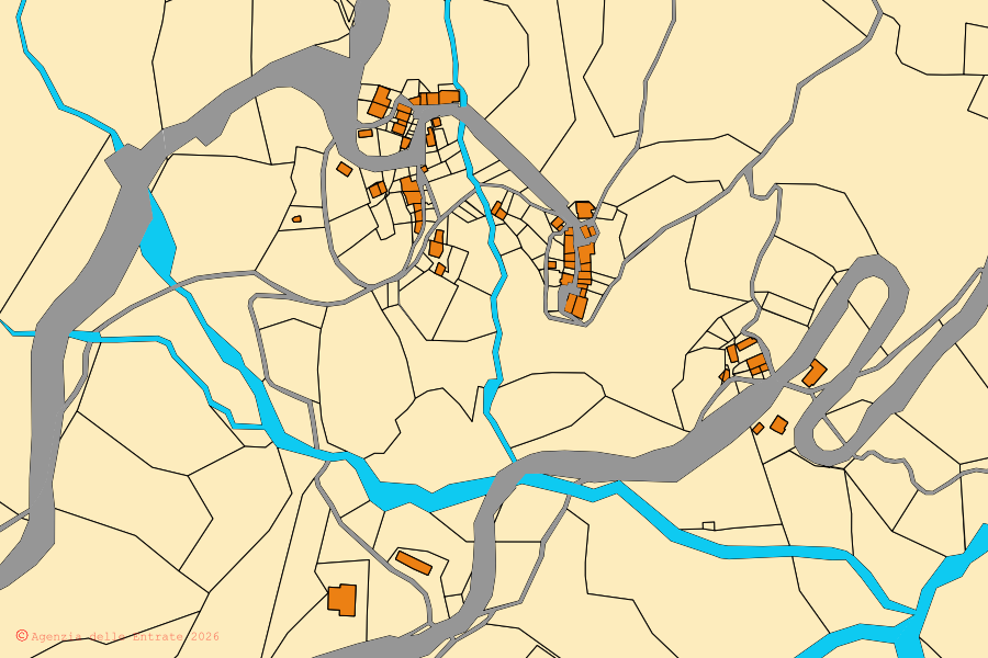 Mappa catastale del centro di Casteldelci: particelle e fabbricati, cartografia Agenzia delle Entrate
