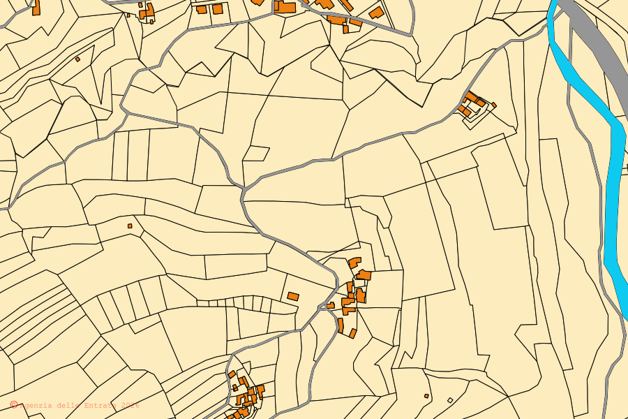 Mappa catastale del centro di Castelletto Uzzone: particelle e fabbricati, cartografia Agenzia delle Entrate