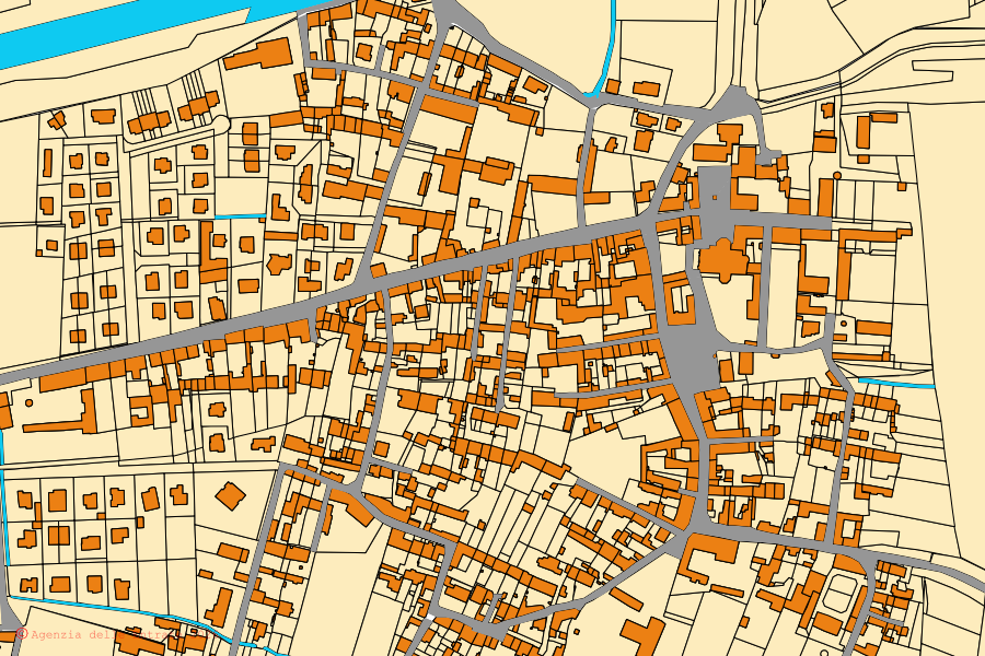 Mappa catastale del centro di Castelnuovo Bocca d'Adda: particelle e fabbricati, cartografia Agenzia delle Entrate