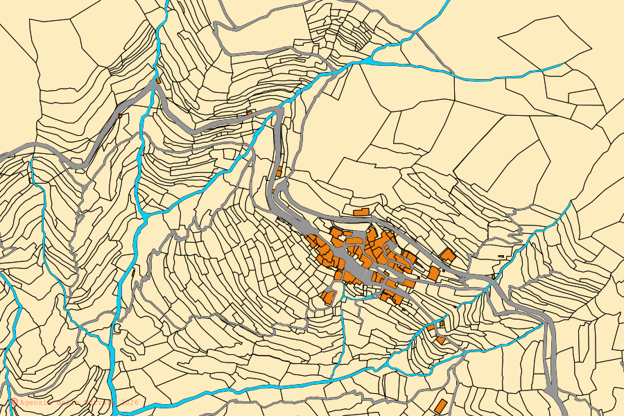 Mappa catastale del centro di Castelvecchio di Rocca Barbena: particelle e fabbricati, cartografia Agenzia delle Entrate