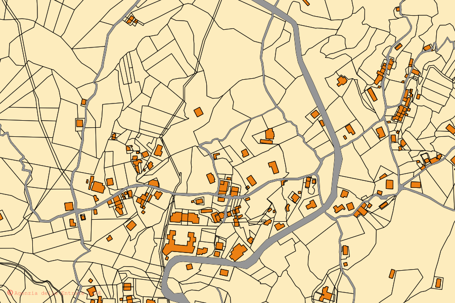 Mappa catastale del centro di Cerisano: particelle e fabbricati, cartografia Agenzia delle Entrate