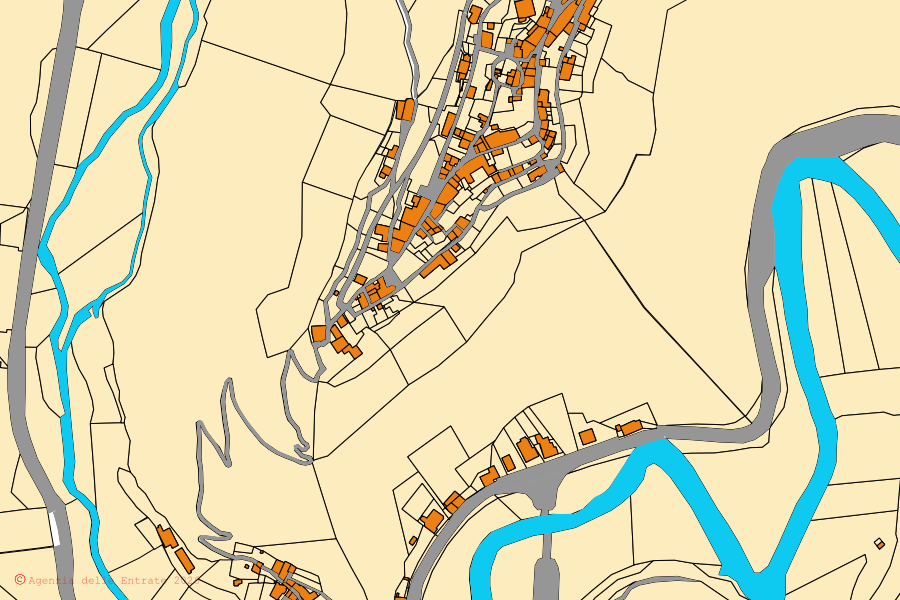 Mappa catastale del centro di Cerreto di Spoleto: particelle e fabbricati, cartografia Agenzia delle Entrate