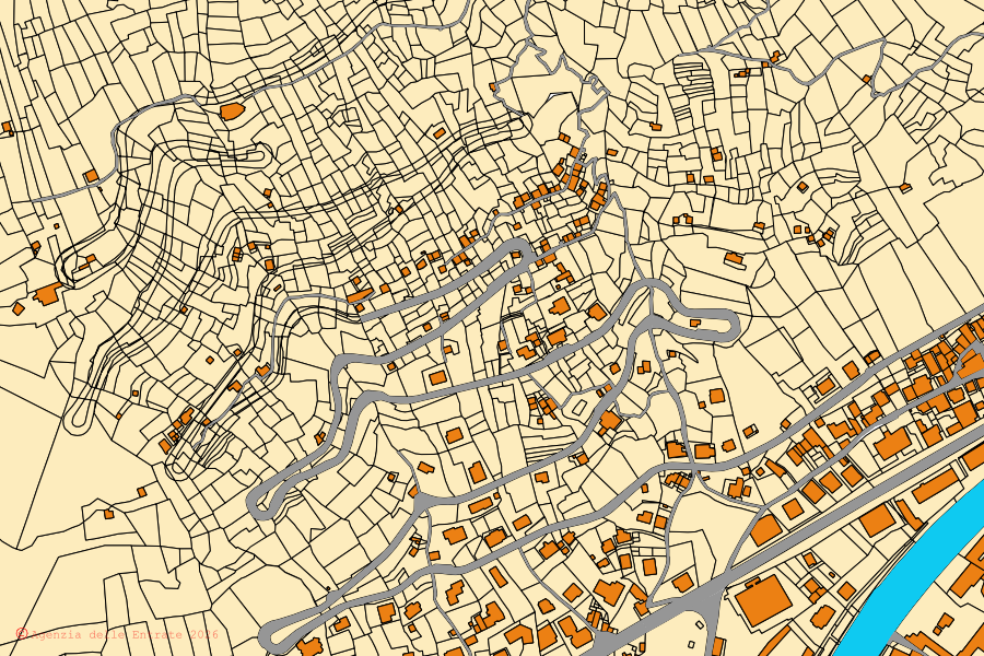 Mappa catastale del centro di Chiavenna: particelle e fabbricati, cartografia Agenzia delle Entrate