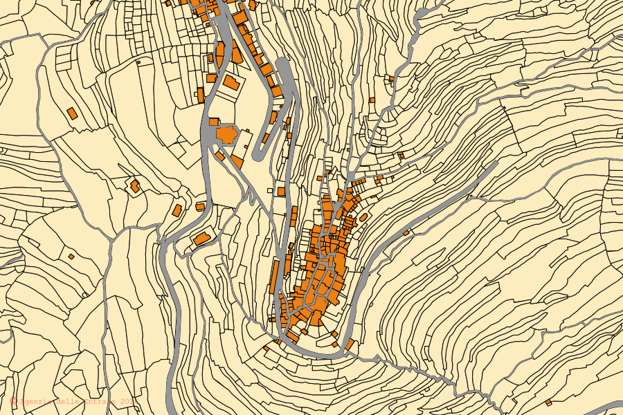 Mappa catastale del centro di Chiusanico: particelle e fabbricati, cartografia Agenzia delle Entrate