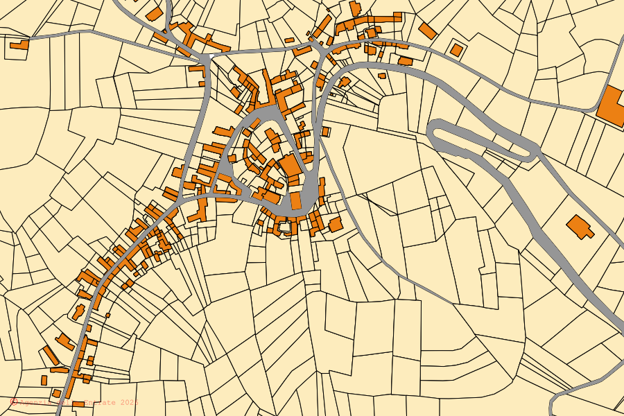 Mappa catastale del centro di Chiusano d'Asti: particelle e fabbricati, cartografia Agenzia delle Entrate