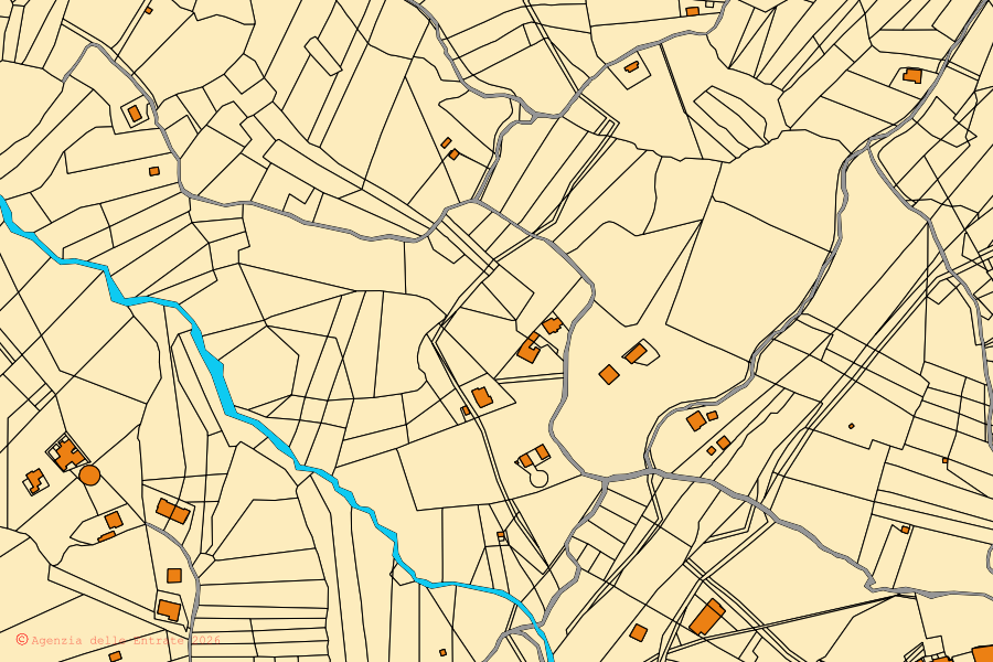 Mappa catastale del centro di Chiusano di San Domenico: particelle e fabbricati, cartografia Agenzia delle Entrate