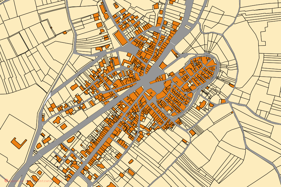 Mappa catastale del centro di Corfinio: particelle e fabbricati, cartografia Agenzia delle Entrate