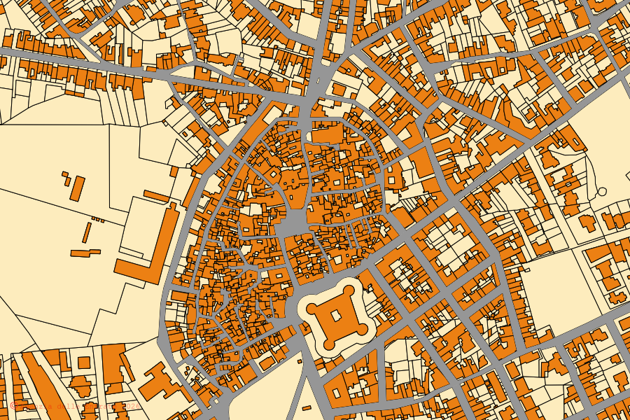 Mappa catastale del centro di Corigliano d'Otranto: particelle e fabbricati, cartografia Agenzia delle Entrate