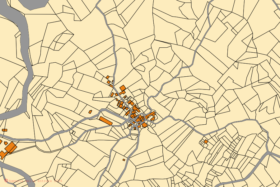 Mappa catastale del centro di Corte Brugnatella: particelle e fabbricati, cartografia Agenzia delle Entrate