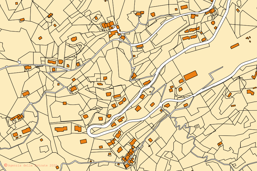 Mappa catastale del centro di Dossena: particelle e fabbricati, cartografia Agenzia delle Entrate