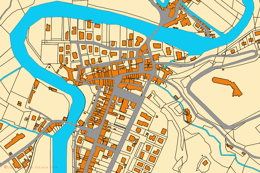Mappa catastale del centro di Dovadola: particelle e fabbricati, cartografia Agenzia delle Entrate