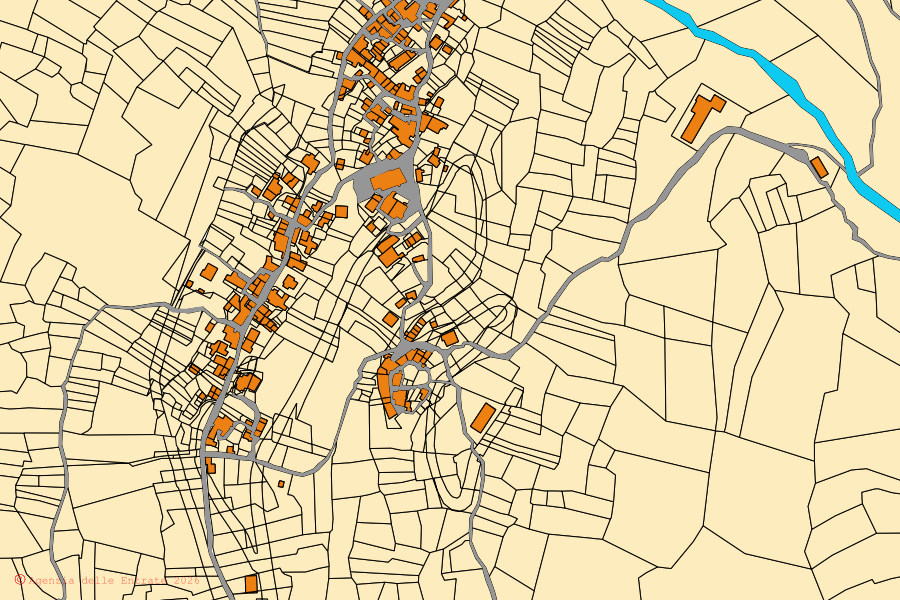 Mappa catastale del centro di Fano Adriano: particelle e fabbricati, cartografia Agenzia delle Entrate
