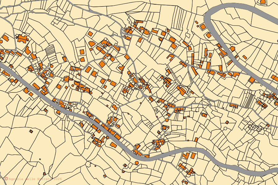 Mappa catastale del centro di Fiumefreddo Bruzio: particelle e fabbricati, cartografia Agenzia delle Entrate
