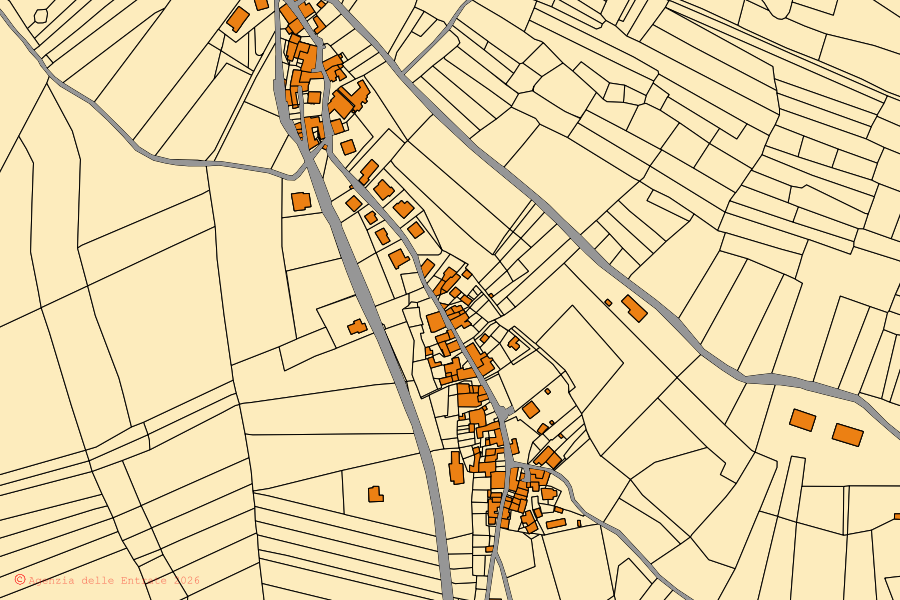Mappa catastale del centro di Fiuminata: particelle e fabbricati, cartografia Agenzia delle Entrate