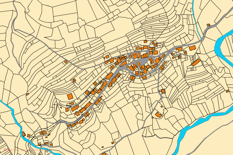 Mappa catastale del centro di Forni Avoltri: particelle e fabbricati, cartografia Agenzia delle Entrate