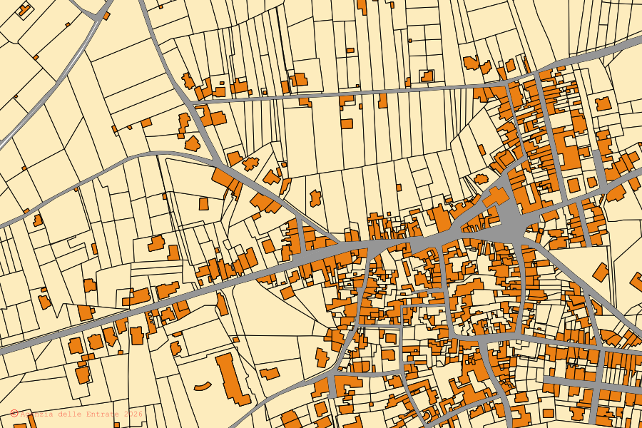 Mappa catastale del centro di Giuggianello: particelle e fabbricati, cartografia Agenzia delle Entrate