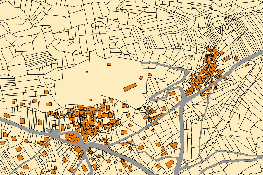 Mappa catastale del centro di Gravere: particelle e fabbricati, cartografia Agenzia delle Entrate