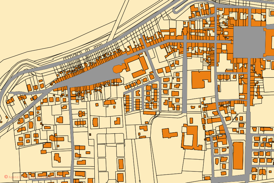 Mappa catastale del centro di Gualtieri: particelle e fabbricati, cartografia Agenzia delle Entrate