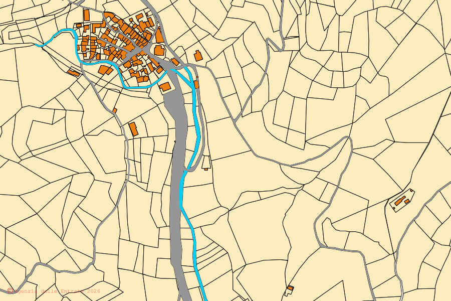 Mappa catastale del centro di Isasca: particelle e fabbricati, cartografia Agenzia delle Entrate