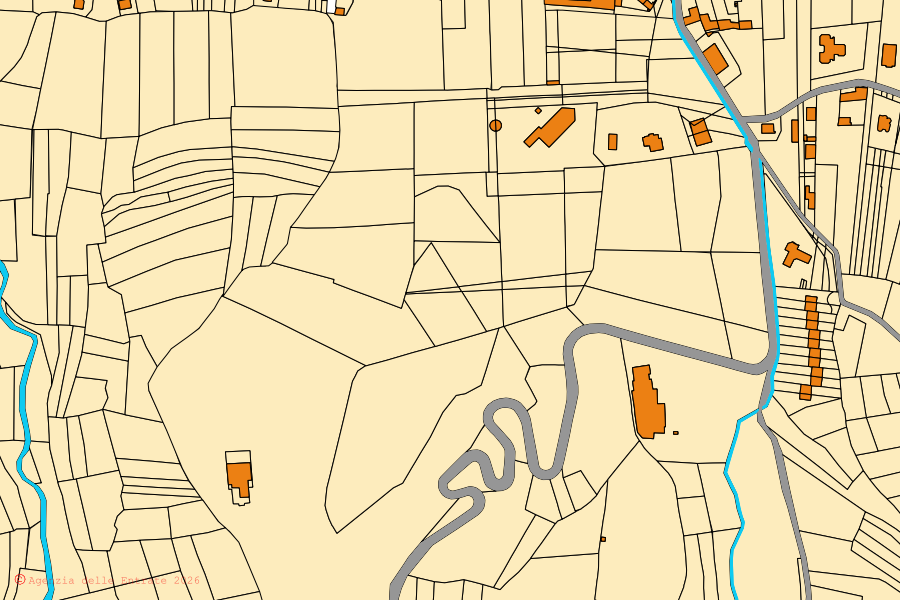 Mappa catastale del centro di Lauriano: particelle e fabbricati, cartografia Agenzia delle Entrate
