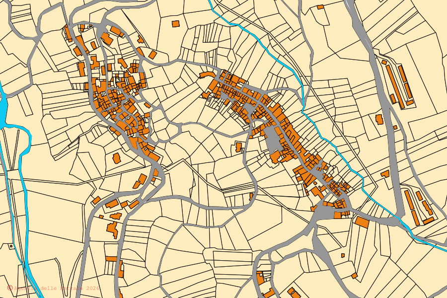 Mappa catastale del centro di Lucoli: particelle e fabbricati, cartografia Agenzia delle Entrate