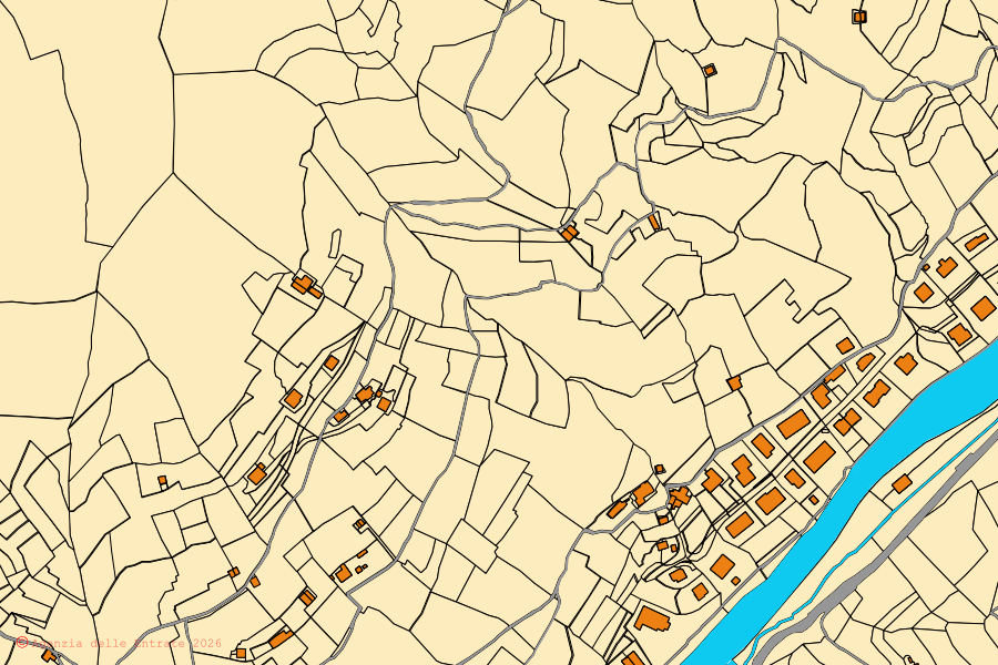 Mappa catastale del centro di Mezzanego: particelle e fabbricati, cartografia Agenzia delle Entrate