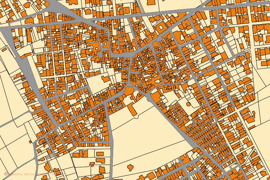 Mappa catastale del centro di Miggiano: particelle e fabbricati, cartografia Agenzia delle Entrate