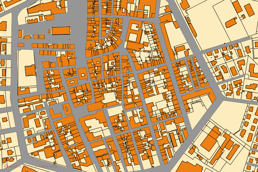Mappa catastale del centro di Mirandola: particelle e fabbricati, cartografia Agenzia delle Entrate