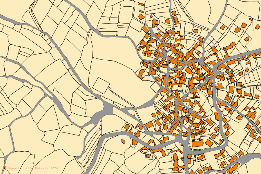 Mappa catastale del centro di Mogorella: particelle e fabbricati, cartografia Agenzia delle Entrate