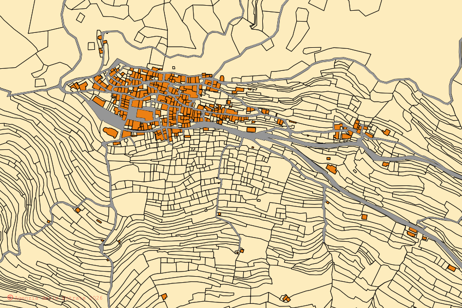 Mappa catastale del centro di Molini di Triora: particelle e fabbricati, cartografia Agenzia delle Entrate