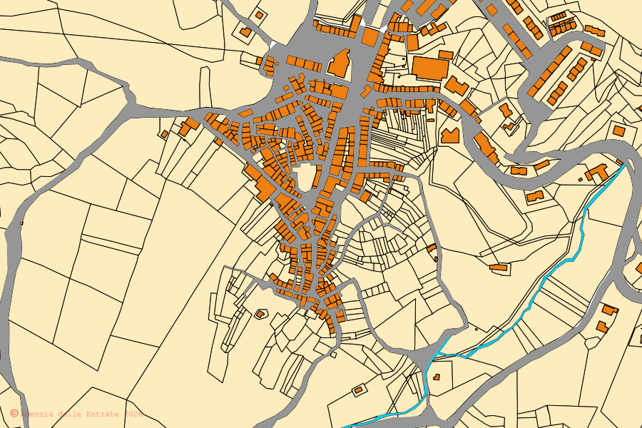 Mappa catastale del centro di Monacilioni: particelle e fabbricati, cartografia Agenzia delle Entrate