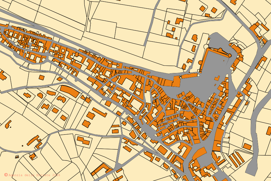 Mappa catastale del centro di Moncalvo: particelle e fabbricati, cartografia Agenzia delle Entrate